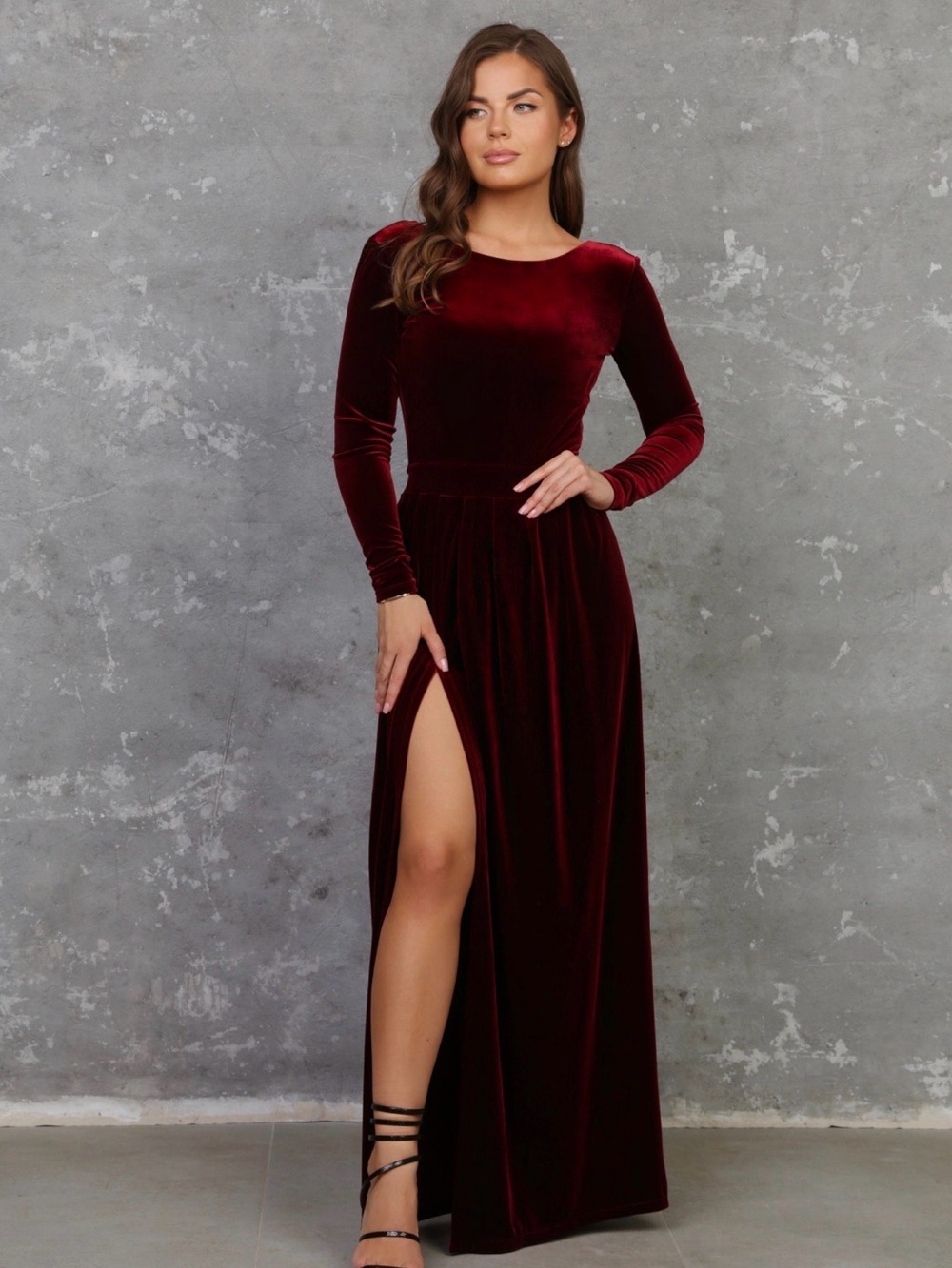 Burgundy Velvet Long Sleeve Back Gown, Backless Velvet Maxi Dress